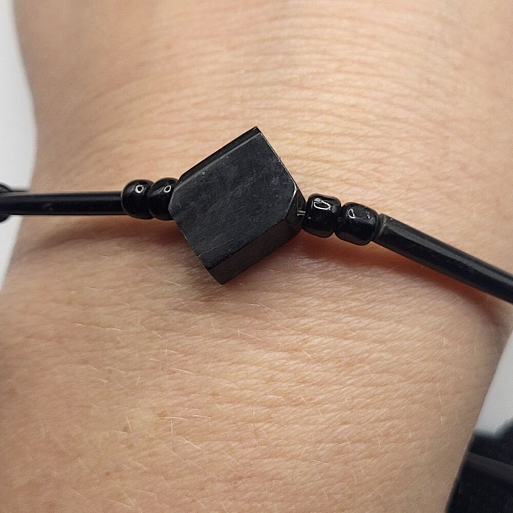 Estate Black Onyx Wood Beaded Bracelet 8in